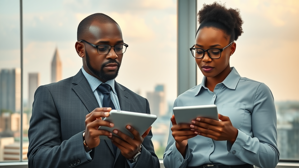 African executives analyzing digital media ownership strategies in urban workspace