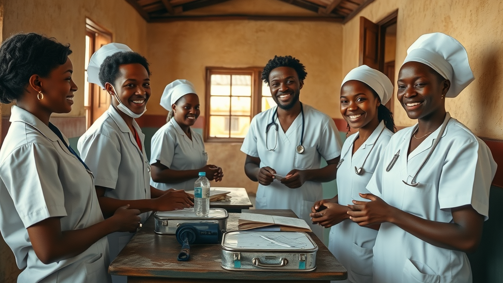 Historic case medical centre clinic in Uganda, doctors and nurses working together on patient care