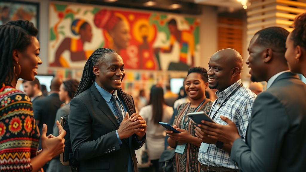 Engaged African professionals networking at digital conference with vibrant African artwork