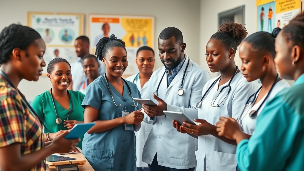 Collaborative healthcare progress with diverse Ugandan patients and professionals working together symbolizing healthcare transformation Uganda