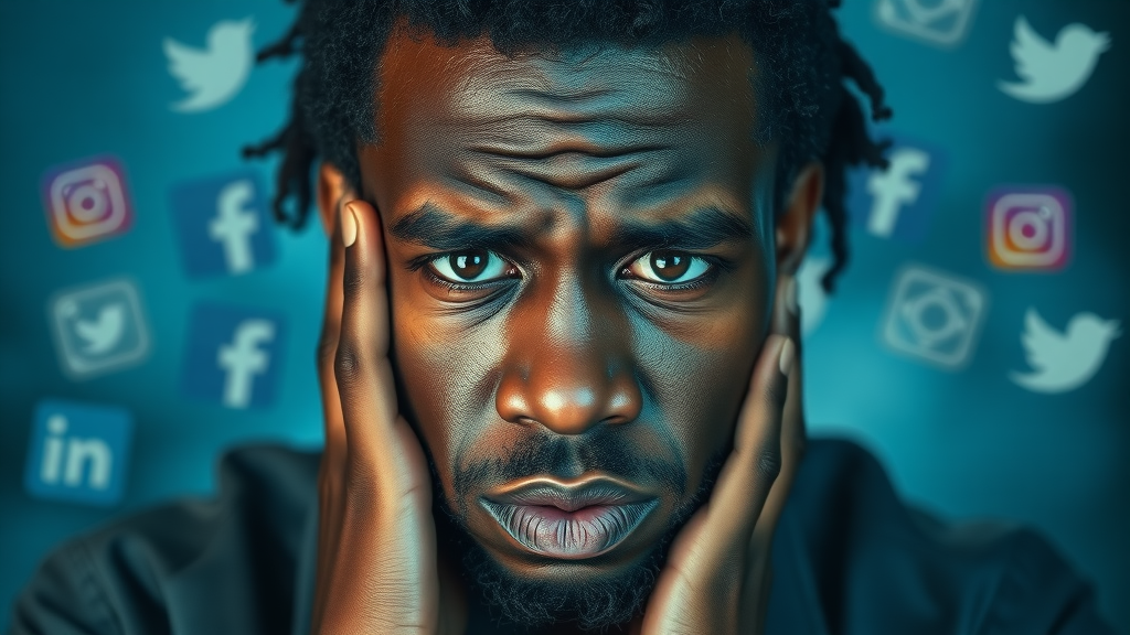 Worried African entrepreneur surrounded by social media icons illustrating platform dependency risks in digital sovereignty Africa