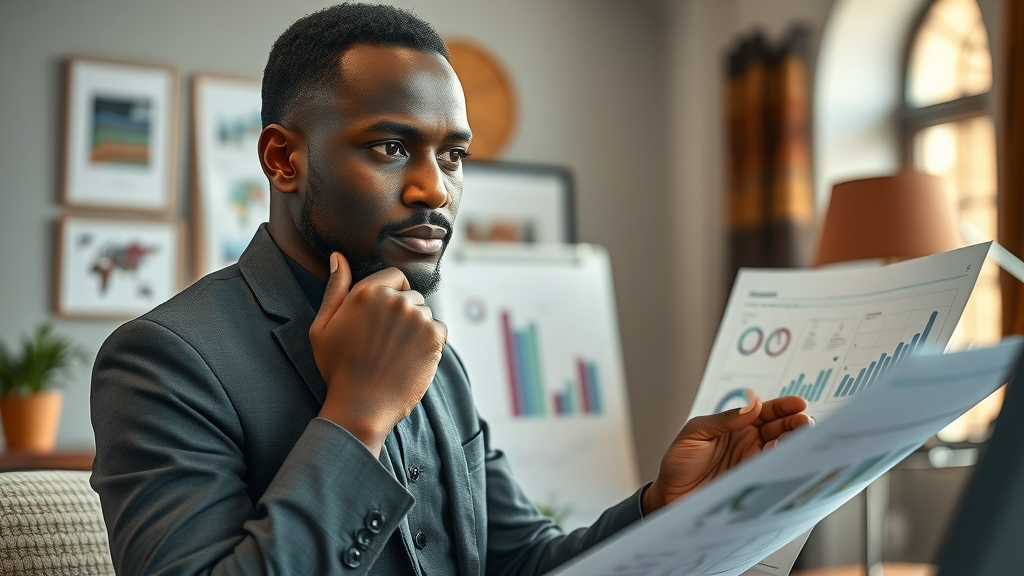 Reflective African entrepreneur planning digital media strategy controlling african digital media evolution