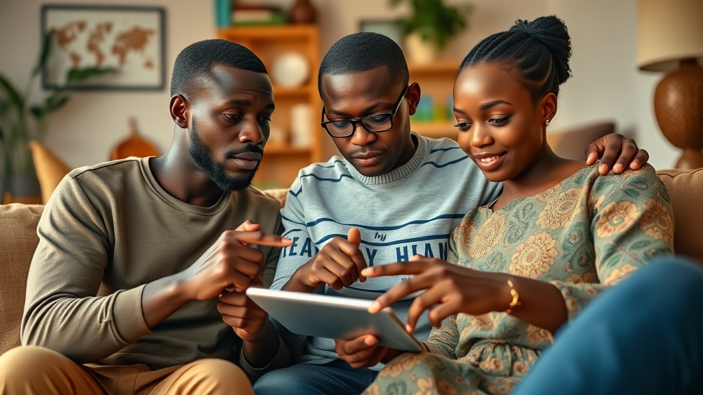 Family researching healthcare access and affordability Uganda on digital tablet