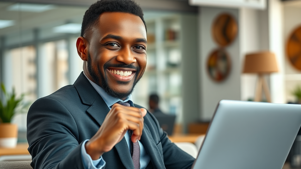 Confident African business leader managing owned media management Africa channels in modern office