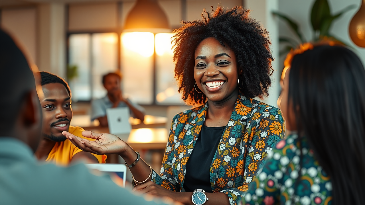 African mentor guiding young entrepreneurs on digital media ownership in East Africa