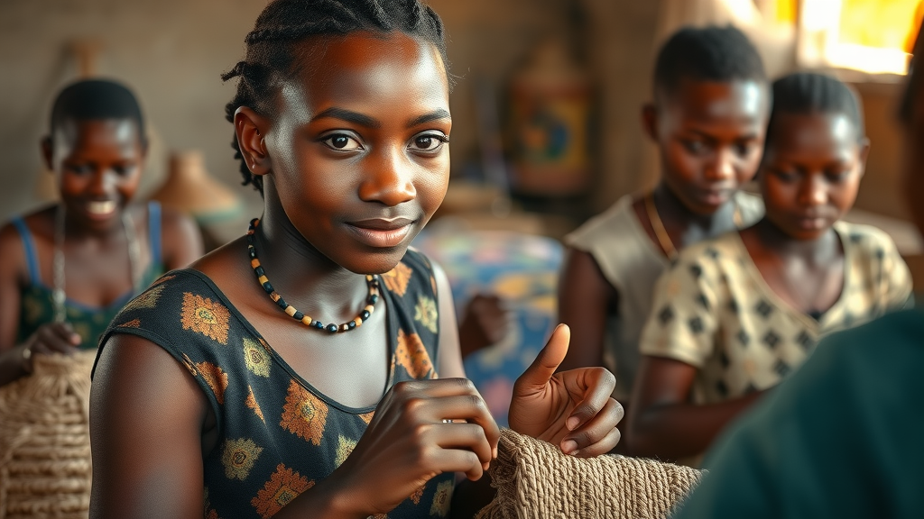 Resilient Ugandan teenage mother weaving baskets with other young women at a vocational center, signifying economic empowerment and skills for young mothers in Uganda.
