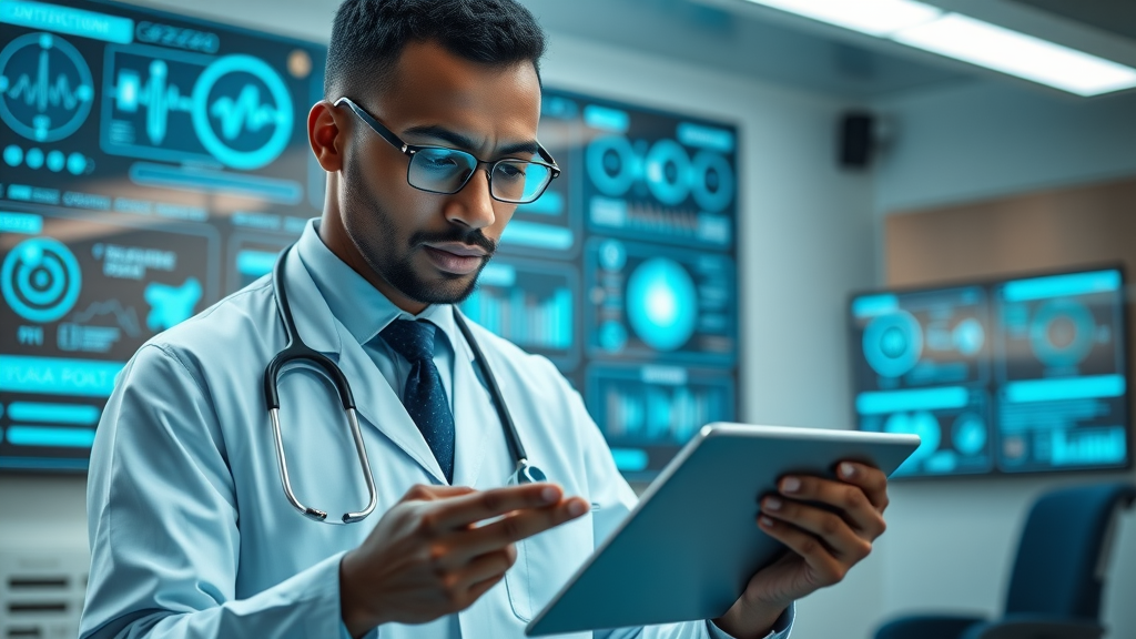 Futuristic Ugandan doctor using tablet with digital health dashboard representing technological advancements in healthcare crisis management Uganda
