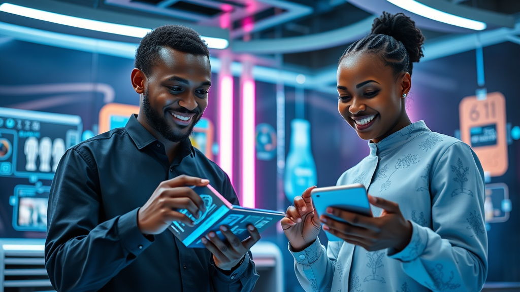 African tech team collaborating on futuristic AI-powered digital publishing platform for owned media channels Africa