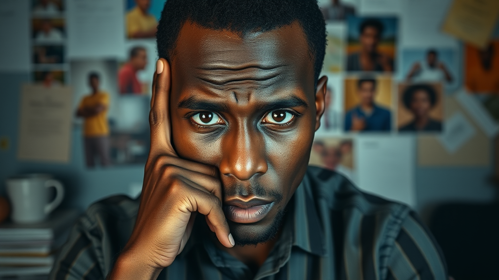 Concerned African entrepreneur frustrated by social media platforms at cluttered digital workspace