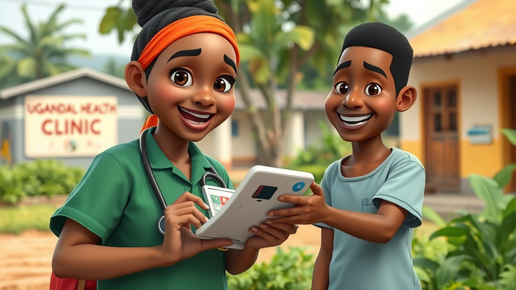 Healthcare technology Uganda: Community health worker using mobile health device with smiling patient in rural Uganda