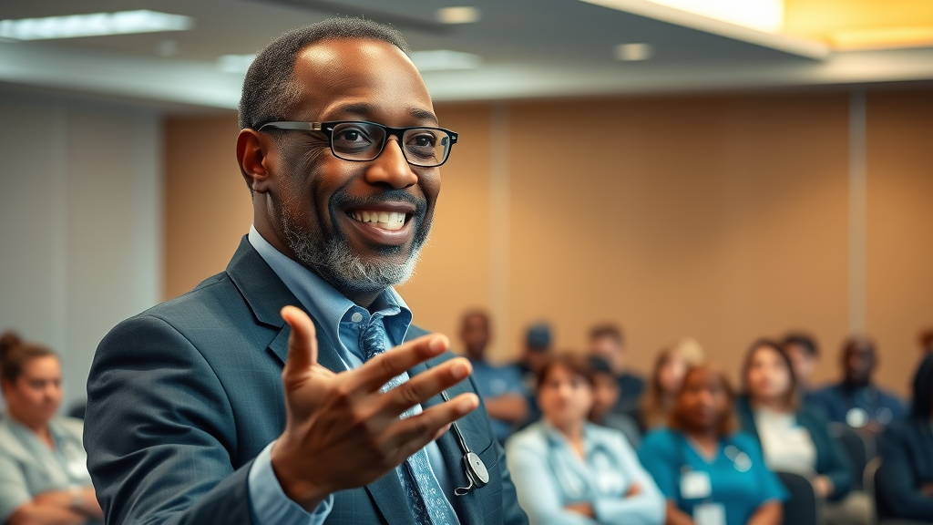 future of healthcare africa portrait of Dr. A.K. Sebbaale addressing healthcare professionals