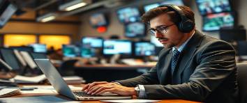 serious newsroom director, concentrated, orchestrating the day's broadcast, photorealistic, large control room with multiple screens, highly detailed, hum of machines, 24mm lens, subtle hues, controlled low lighting, shot with a 16-35mm camera lens.