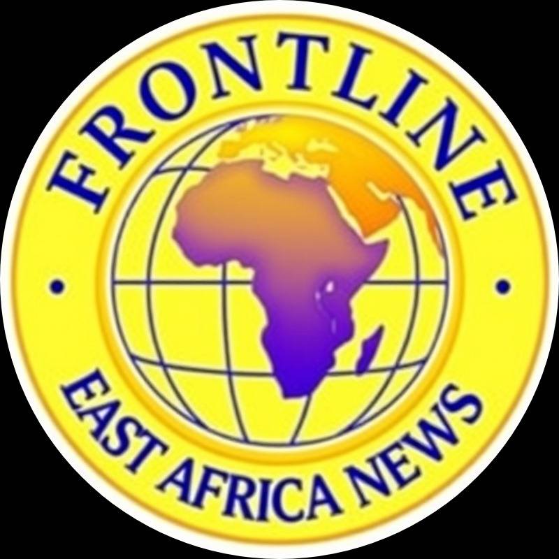 Professional circular logo with 'FRONTLINE MEDIA CHANNELS' in gold, 3D globe, and silhouettes featuring East Africa.