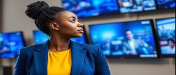 graceful news presenter, poised, announcing top stories, photorealistic, elegant news set with lighting rig, highly detailed, scrolling prompter text, 85mm lens, cool blue colors, studio spotlighting, shot with a 70-200mm camera lens.