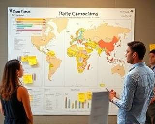 proactive regional news analyst, thoughtful, mapping out story connections, photorealistic, digital map and sticky notes on a wall, highly detailed, ambient hustle in the background, 50mm lens, neutral earth tones, diffused ambient lighting, shot with a 35mm camera lens.