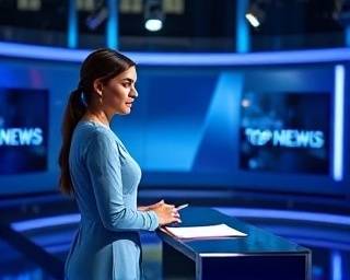 graceful news presenter, poised, announcing top stories, photorealistic, elegant news set with lighting rig, highly detailed, scrolling prompter text, 85mm lens, cool blue colors, studio spotlighting, shot with a 70-200mm camera lens.