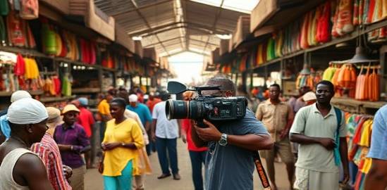energetic cameraman, agile, filming in a busy African market, photorealistic, people bargaining around, highly detailed, bustling energy and ambient sounds, 28mm lens, vivid colors, natural bright lighting, shot with a 16-35mm camera lens.